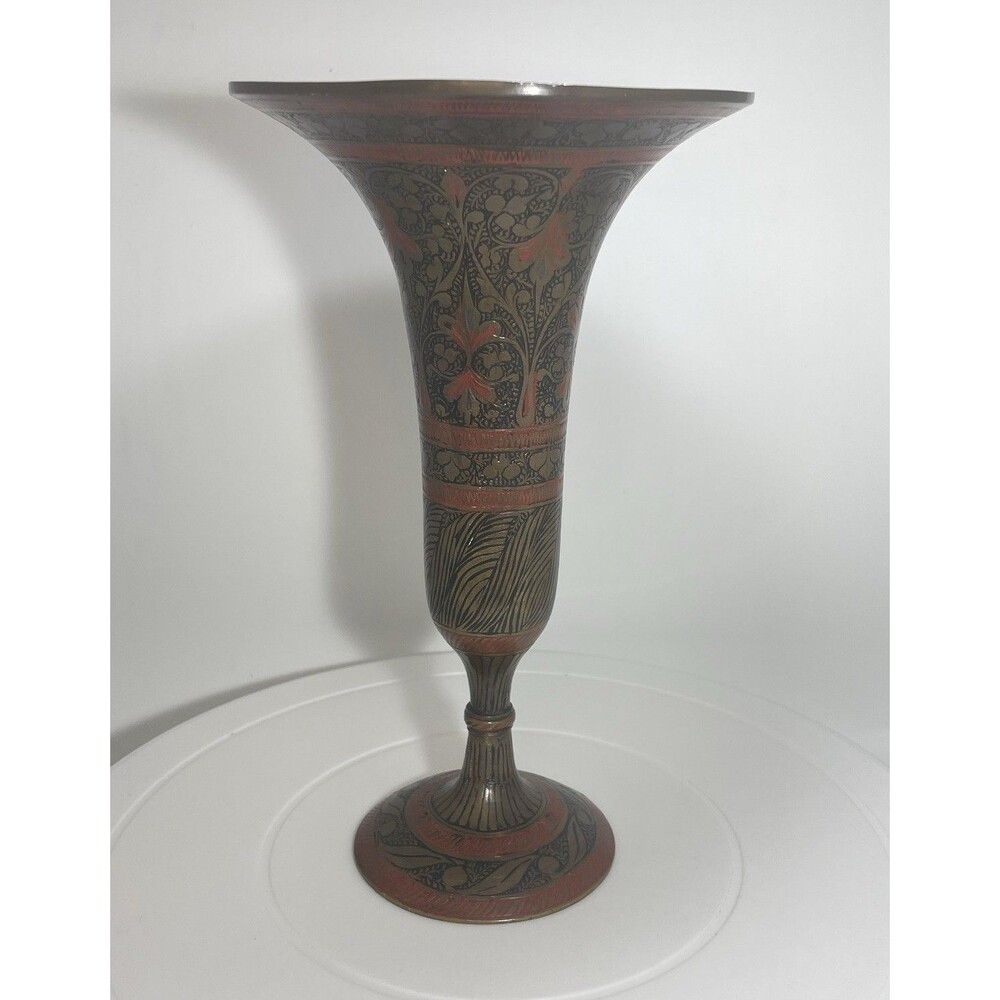 Vtg Indian Brass Trumpet Vase Hand Etched Champleve Enamel Red Black India 557
